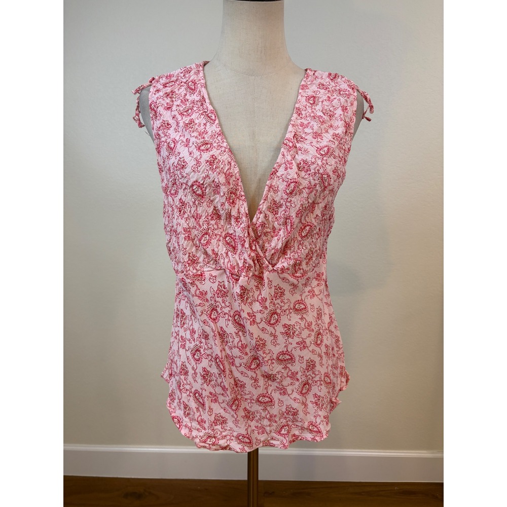 Jordache Faux Wrap Top Womens L Pink Floral Paisley Sleeveless Y2K coquette